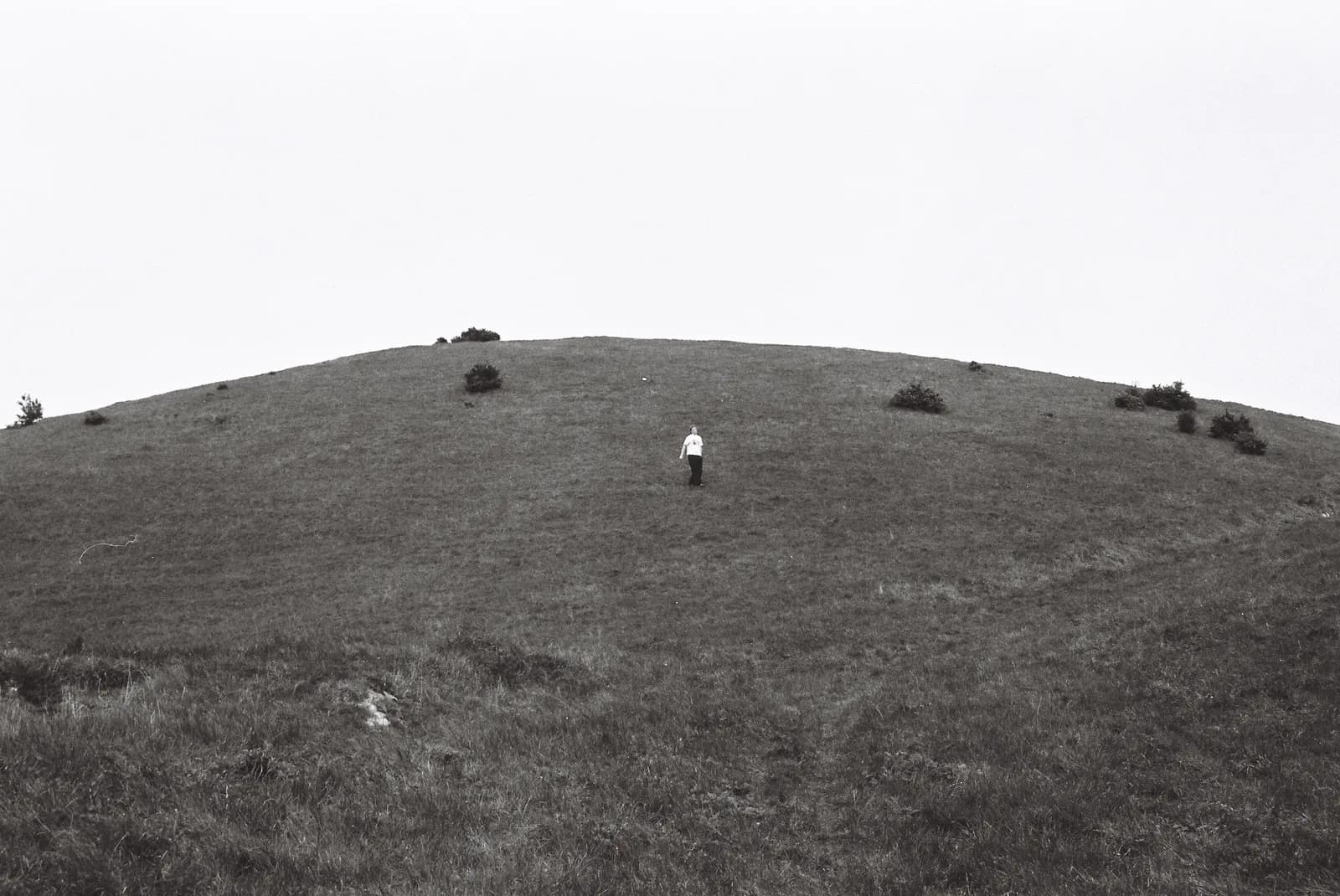 A distant figure on a windswept hill beneath an open sky